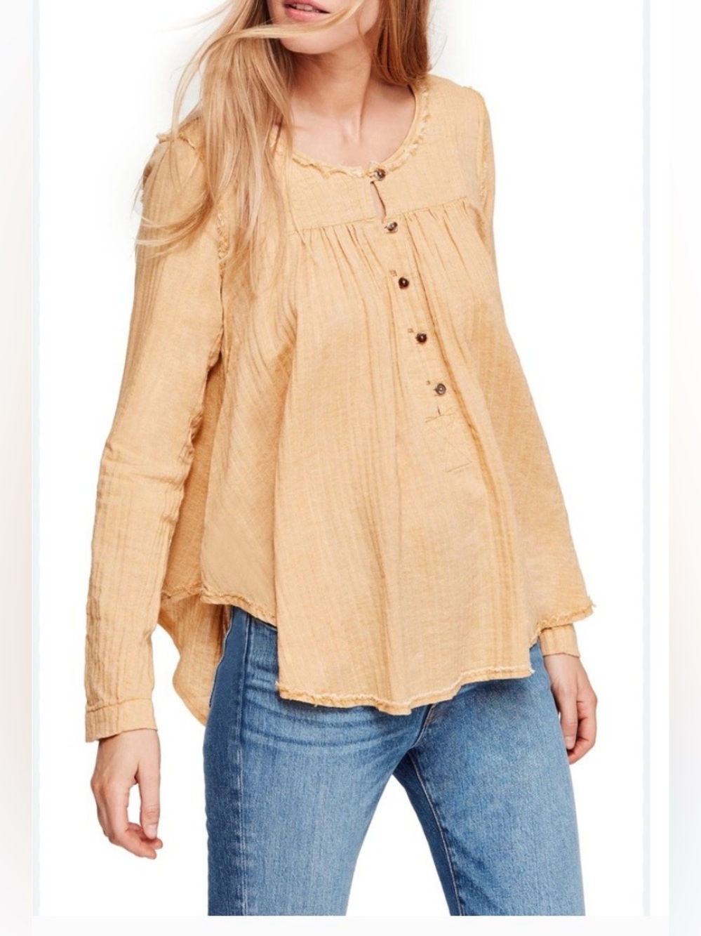 We The Free Sand Dune Henley M Gauze Button Down Tunic Golden Yellow Boho Flowy